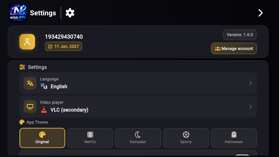Application settings screen